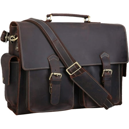 Polare 17'' Mens Full Grain Leather Laptop Briefcase Business Messenger ...