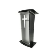 Acrylic Church Podium Pulpit Debate Conference Lectern Plexiglass Lucite Black Wood Shelf Cup Holder on Wheels with White Cross 1803-5-BLACK+1803CROSS