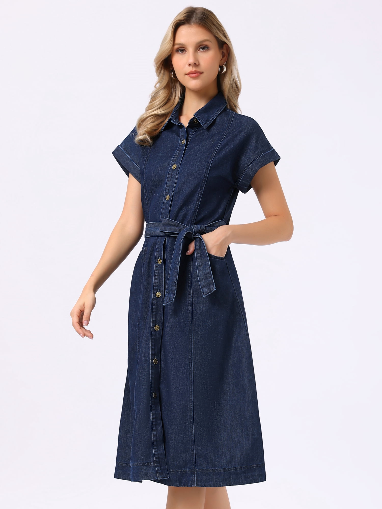 DARING DIVA Denim Shirt Button Down Short Sleeves  Dress Small Black Blue