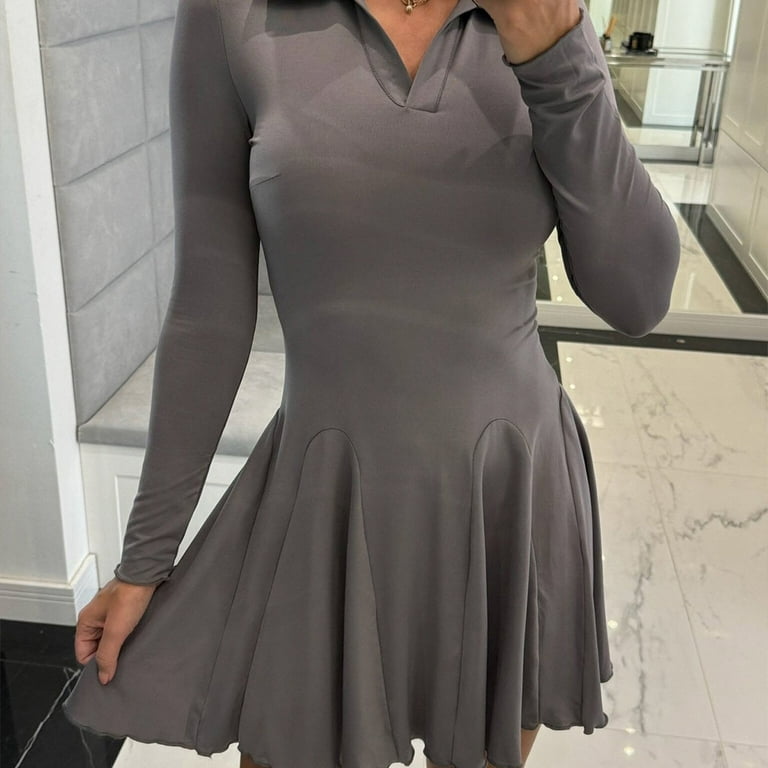 Women's Long Sleeve Skater Dress Fall Lapel Collar V Neck Soft Knit a Line  Pleated Flowy Cocktail Party Mini Dresses Gray L - Walmart.com