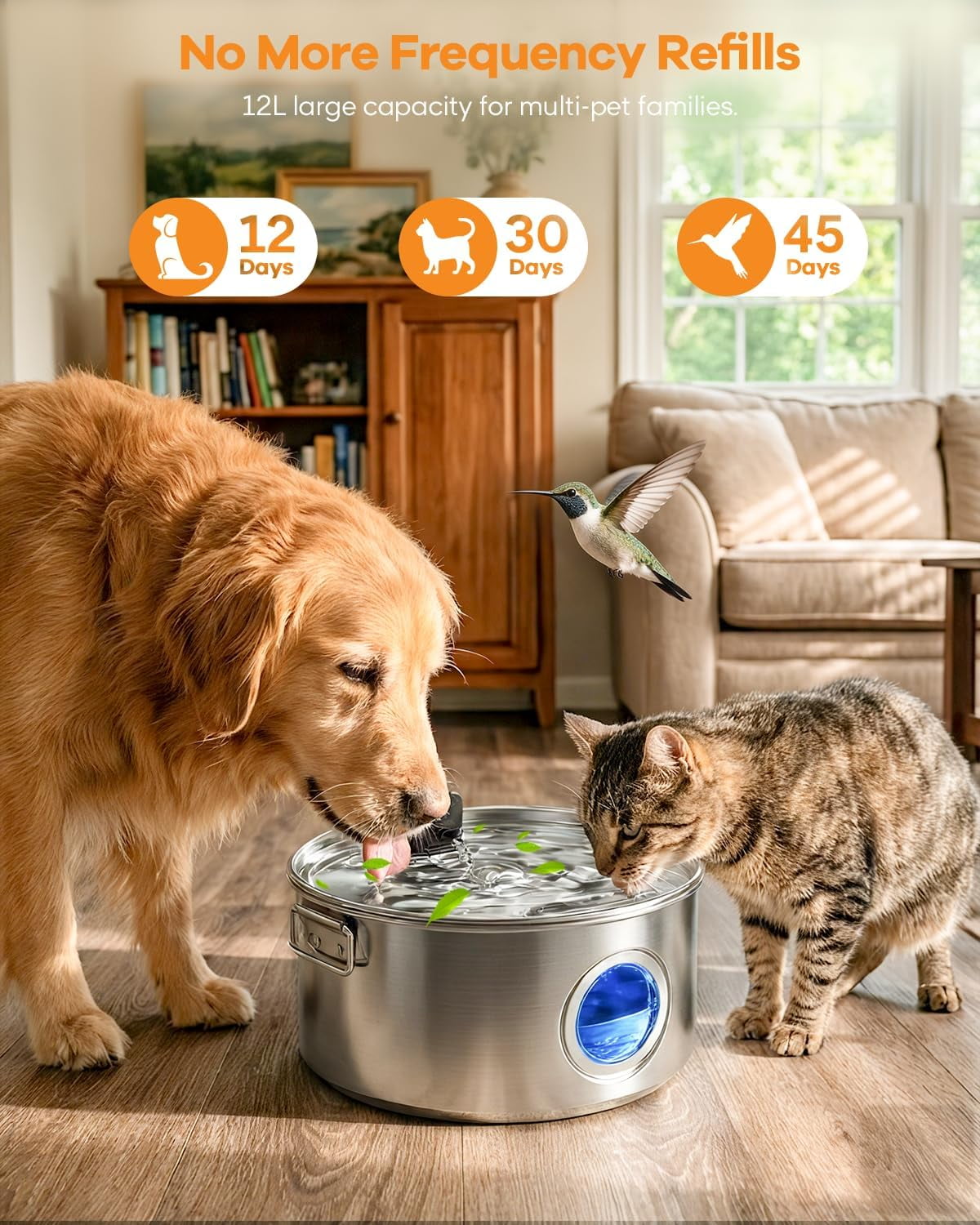 3.4Gal Wireless Automatic Dog Water Fountain, 12L Stainless Steel Pet Water Bowl Dispenser with 3 Modes, Ultra Quiet Multi-Filtration System for Large Dogs
