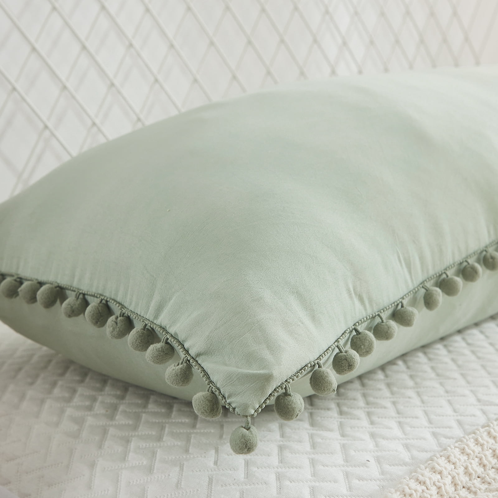 Move Over Sage Green Body Pillow Cover 20x54 inches Boho Chic Pom Poms Fringe Pattern Body Pillowcase 100% Washed Microfiber