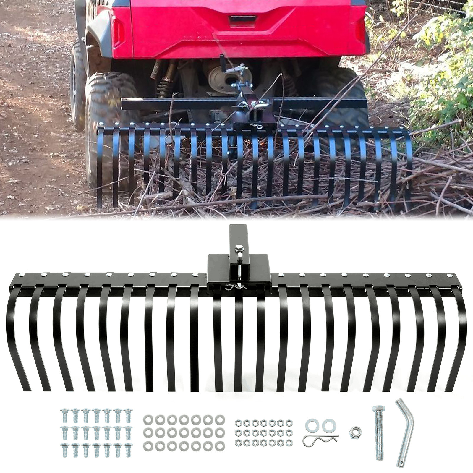ECOTRIC 60 Inch Landscape Driveaway Pine Straw Rake Lawn Yard Beach Cleaning for ATV UTV SxS 48