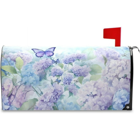 Spring Mailbox Covers, Purple Hydrangea Butterfly Mailbox Covers Oxford Cloth Post Box Cover with Magnetic Strip for Garden Yard Decor