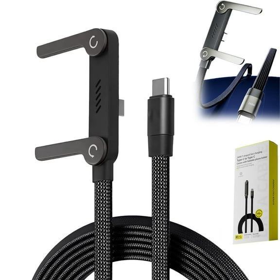 Invisible Holder Charger Cable with Stand, 240W Super Fast Charging Braided Cable with Built-in Phone Support, 5ft Type C Fast Charging Cord, Office and Travel