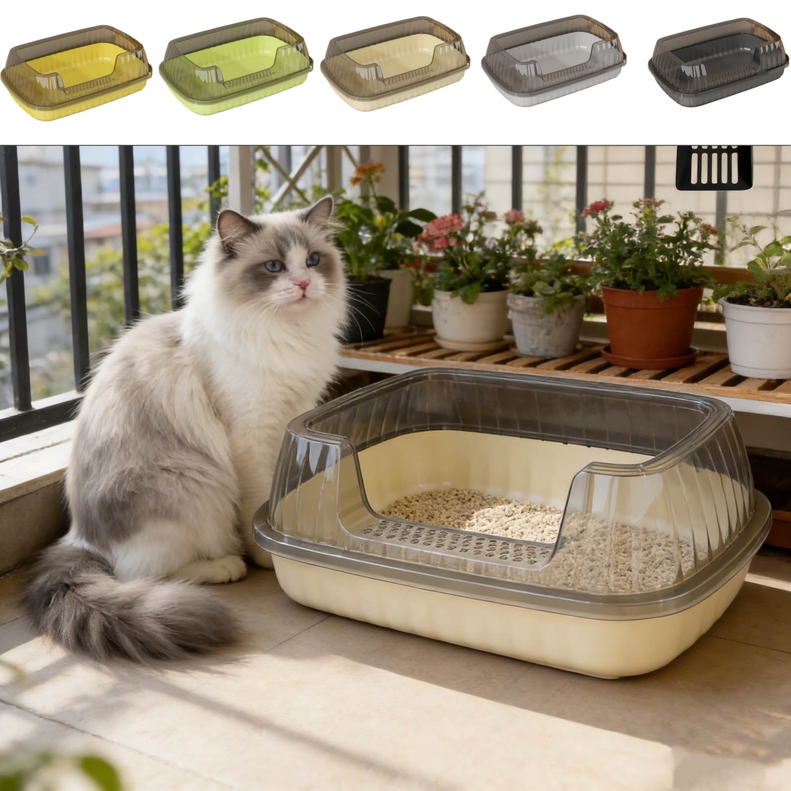 Dark Grey Semi Enclosed Cat Litter Box With Top Entry Lid High Sides Includes Scoop Odor Control Easy Clean 14X11X5 Inch Multiple Colors