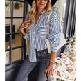 thumbnail image 4 of Women Stripe Shirt, Comfortable Pocket Design Skin Friendly V Neck Long Sleeve Women Button Down Blouse For School For Home ANGGREK Otros, 4 of 6