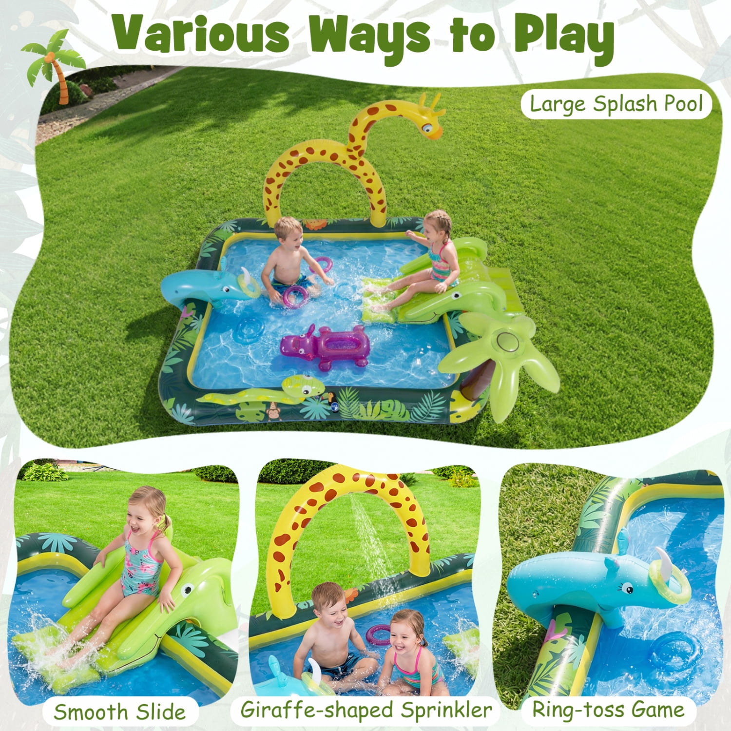 Inflatable Jungle Animal Spray Pool Play Center with Slide & Giraffe Sprinkler, Outdoor Kids Water Pool for Toddlers 2-6, Backyard Summer Water Fun