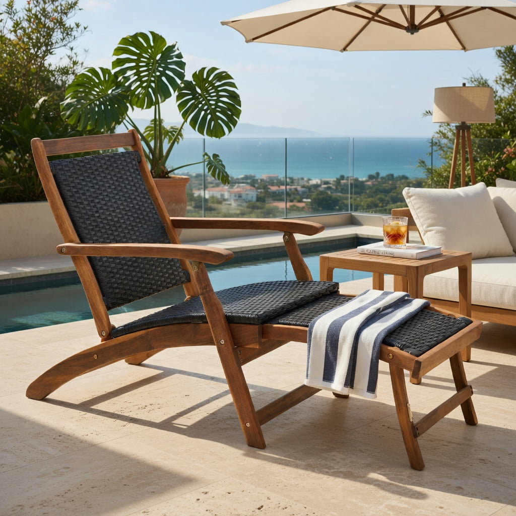 Hommoo Foldable Rattan Lounge Chair with Acacia Wood Frame, Retractable Footrest, Rustic Patio & Backyard Seating for Poolside, Garden, Deck, Brown