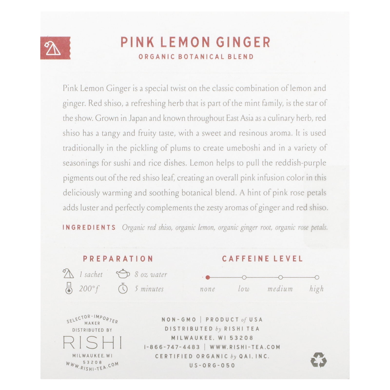 Rishi, Organic Botanical Blend Tea, Pink Lemon Ginger, 15 Sachets