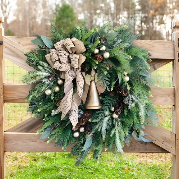 VANIDO 16" Christmas Wreaths for Front Door, Farmhouse Winter Rattan Wreath with Pine Cones Golden Bells and Bowknot, Artificial Holiday Wreaths for Home Door Wall Hanging Decoration Outdoor Indoor