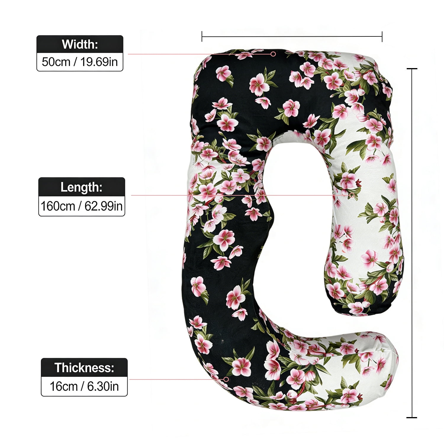 Extra Large J-Shaped Pregnancy Pillow, Black Floral - Ultimate Body Support for Side Sleepers & Maternity Relief