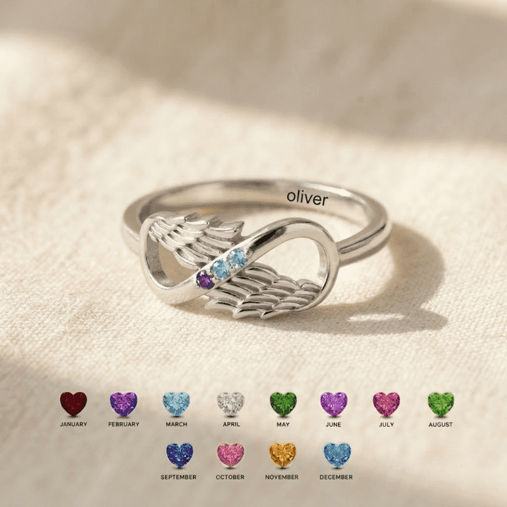 Personalized Angel Wing Birthstone Ring for Mom | Custom Name Infinity Ring Gift | Memorial Jewelry for Grandma
