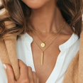 thumbnail image 2 of Collares con capas de inicial de oro para mujer, collar con letra de moneda chapado en oro de 14 quilates, collar con barra apilable, collar con capas, collar con varias barras en forma de Y, joyería, 2 of 5