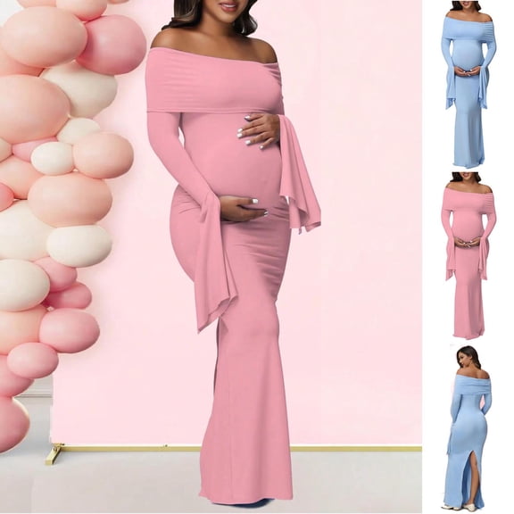 Frostluinai Women's Maternity Long Sleeve Off Shoulder Pregnancy Photography Dress Stretch Gown for Baby Shower Photoshoot Party Blue M