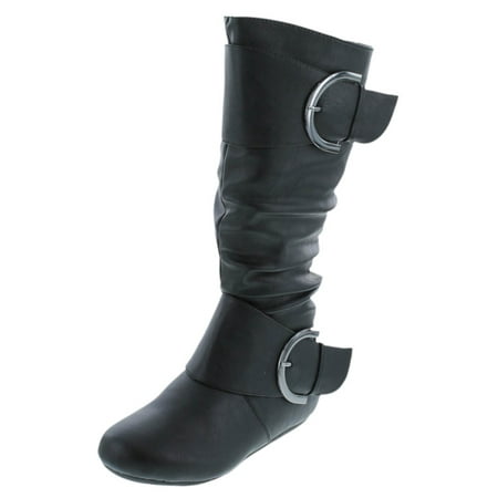 

Top Moda Womens Bank-81 Mid Calf Round Toe Buckle Slouched Flat Boots Black Pu 9