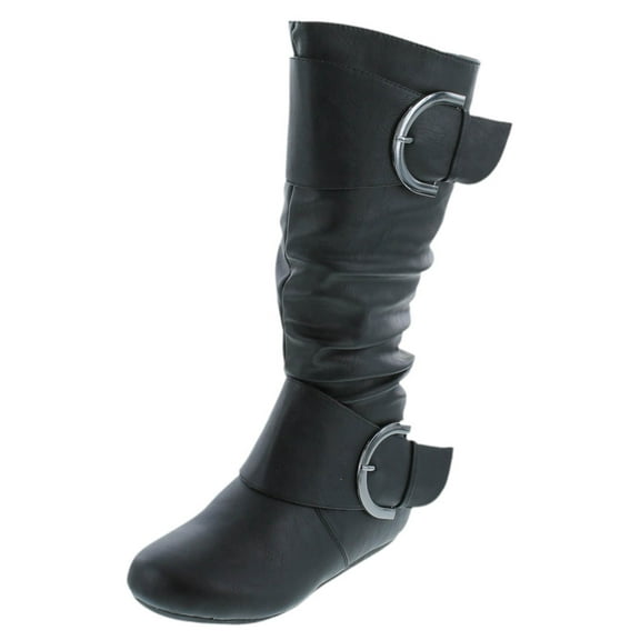 Top Moda Womens Bank-81 Mid Calf Round Toe Buckle Slouched Flat Boots