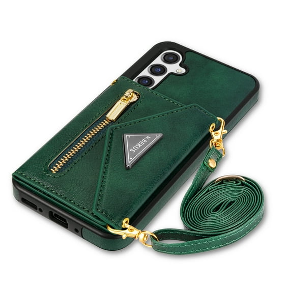 Dteck Flip Leather Wallet Cover for Samsung Galaxy S24 Crossbody Case with Credit Card Holder Strap Lanyard, Women Girl Purse Kickstand,Green