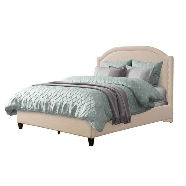 CorLiving Fabric Bed Frame with Arched Headboard and Nailhead Trim Accents