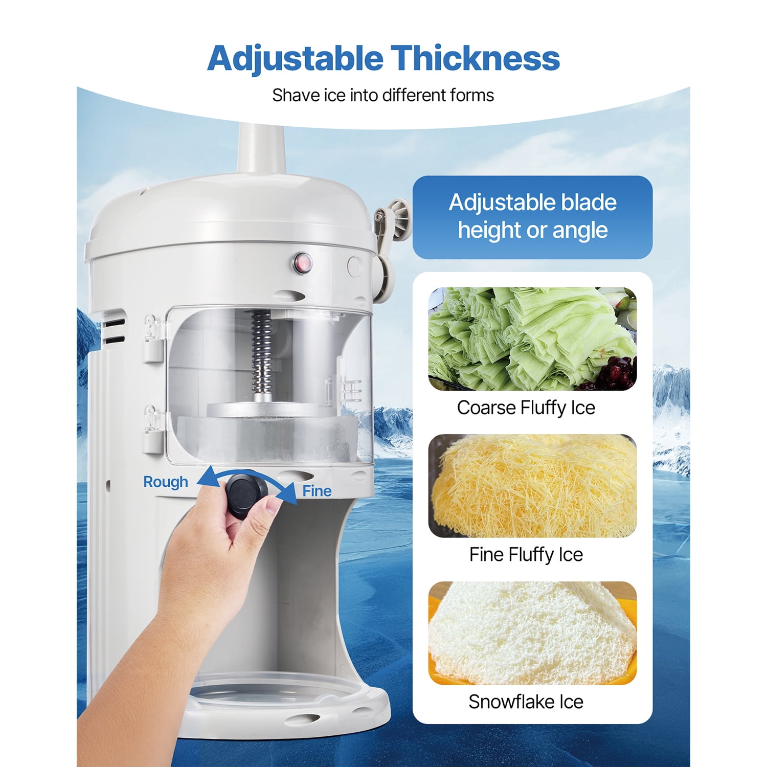 KFFKFF Electric Ice Shaver and Crusher, 220lbs/hr Fluffy Ice & Snow Cone Maker, 250W 1500RPM Tabletop Shaved-Ice Machine for Home, Events, and Snack Bars (White)