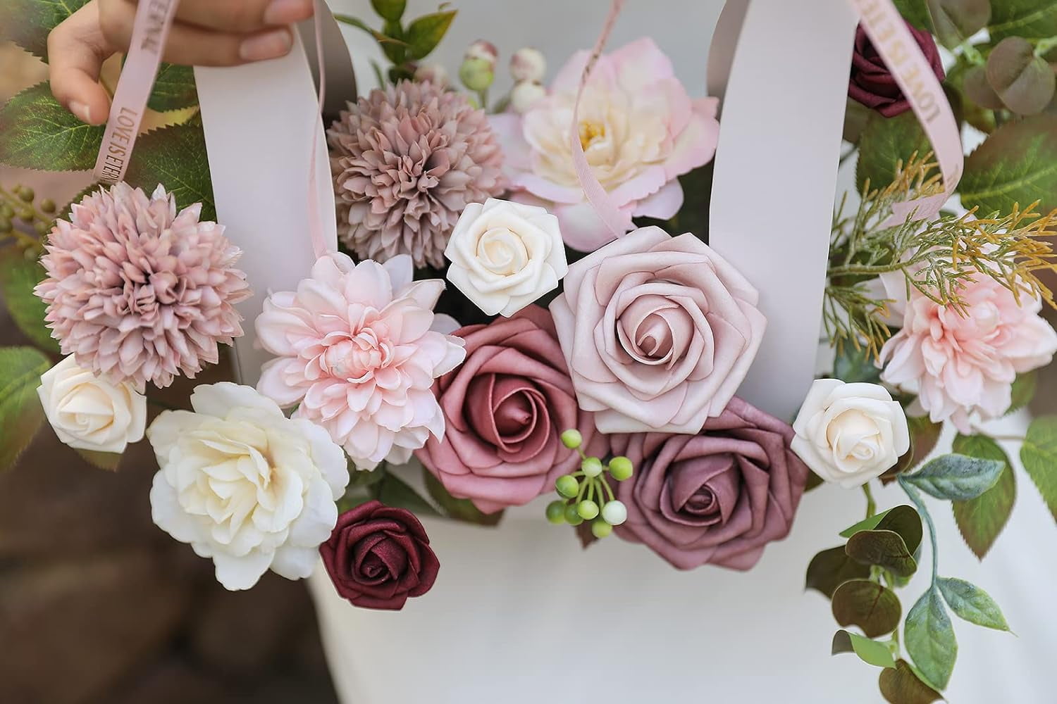 Artificial Flowers Combo Box Set Gradient Color Flower Leaf with Stems for DIY Wedding Bouquets Centerpieces Baby Shower Party Home Decorations（Pink Purple）
