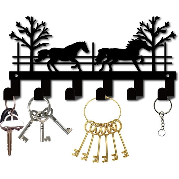 Metal Horse Coat Hooks Key Holder Rack Wall Mounted Tree Black Decorative Hat Towel Hanger Organizer Wall Art Decor with 6 Hooks for DIY Hanging Entryway Living Room Bathroom 10.6 x 5.1 Inch