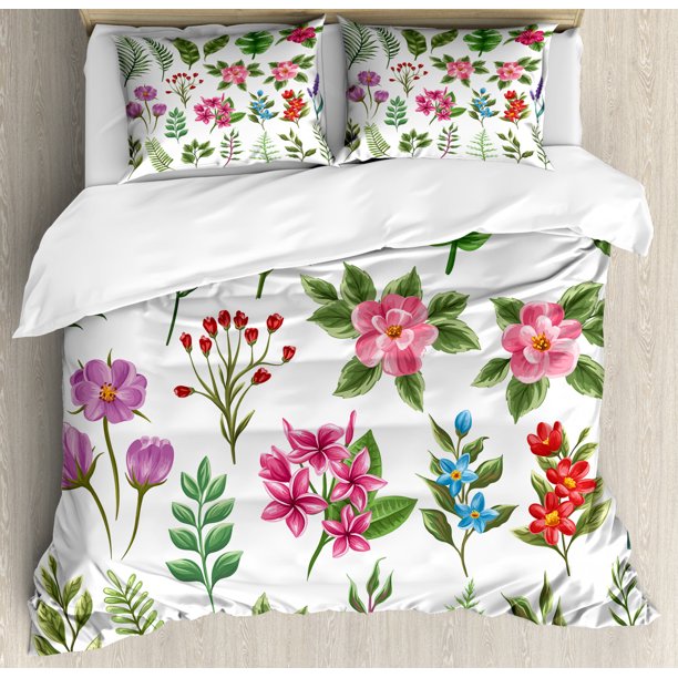 Plant Duvet Cover Set, Exotic Flowers and Ferns Botanical Elements