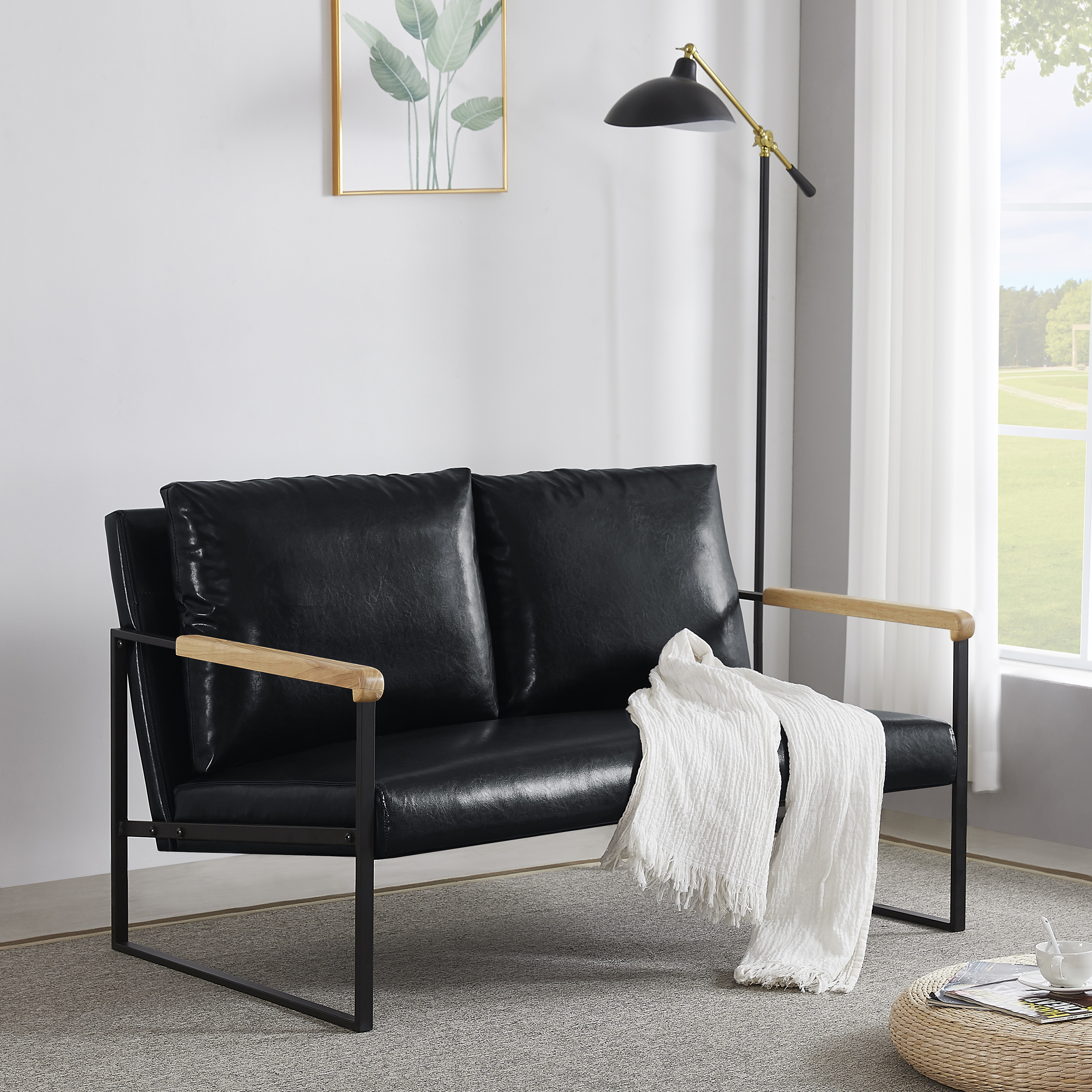 Modern Faux Leather Loveseat Sofa,Metal Frame Reclining Couch Bed