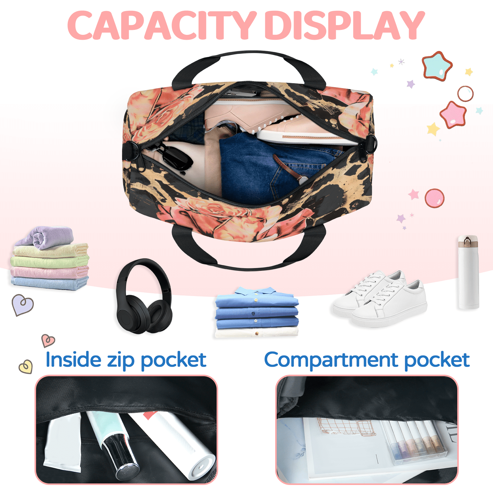Herdesigns Leopard Print Rose Flower Gym Bag for Women, Duffle Bag for Travel Sport, Lightweight Waterproof Carry on Weekender Overnight Dance Yoga Workout Bags