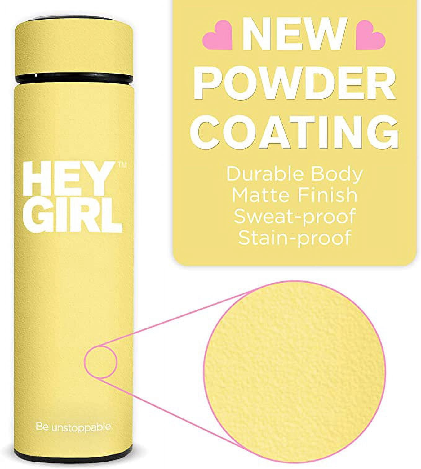 Hey Girl Tea Infuser Bottle 450ml (15oz) - Reusable Yellow Water Bottle - Double-Walled, Vacuum Insulated Stainless Steel Tumbler - Metal Mug for Sports, Gym, Office, Hiking  or Home Use