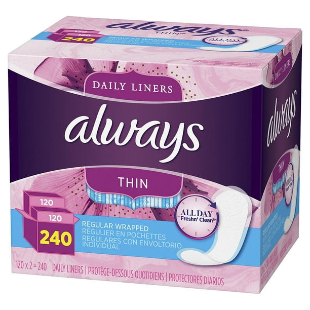 Always Thin Daily Liners Regular Wrapped, Unscented Pantiliners, 240 Ct
