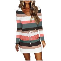 Henpk Summer Dresses for Women Striped T Shirt Dress Casual Midi Dress Short Sleeve Sundress with Pockets Summer Casual Long Sleeve V-Neck Stripe Elastic Waist Lace Loose Dress Green M