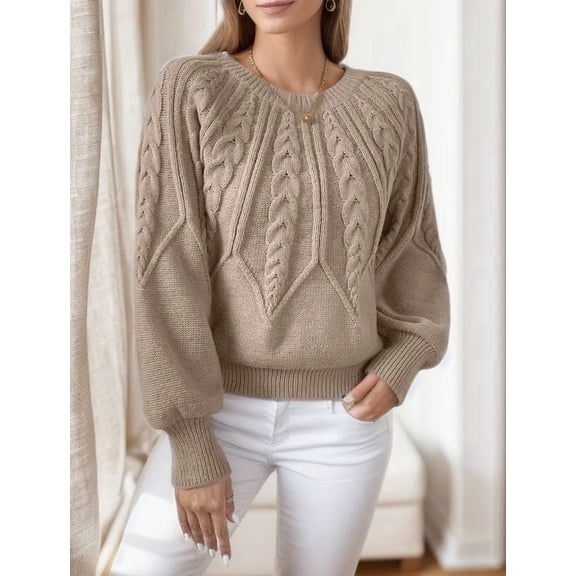 Womens Crew Neck Sweater Winter Trendy Long Sleeve Casual Top Comfortable Daily Pullover Khaki L