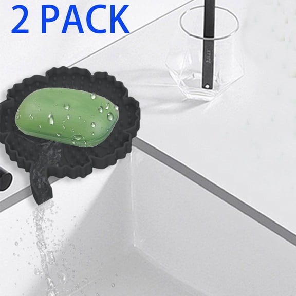 2 Pack Silicone Soap Box, Soap Dish, Soap Holder, Self Draining Leaf Shaped Soap Tray with Spout for Bathroom Kitchen,Black