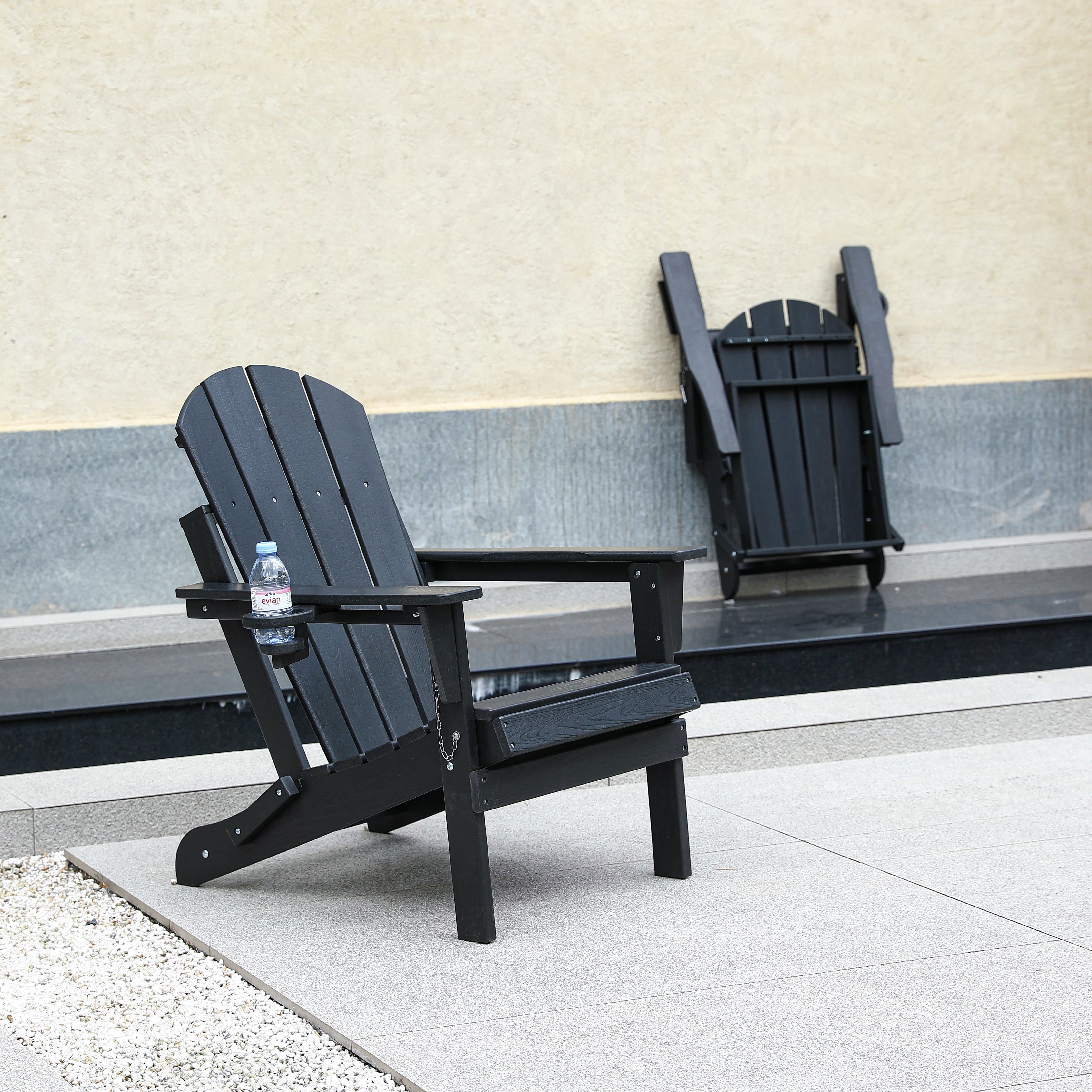 Resenkos HDPE Folding Adirondack Chair with Dual Cup Holder, Wood Look Composite Outdoor Seating for Patio and Deck, Black
