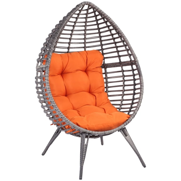 Teardrop Wicker Egg Chair with Plush Cushion, Indoor Outdoor Boho Hanging Basket Lounge Chair with Adjustable Height Knob for Backyard, Patio, Porch, Living Room, Orange