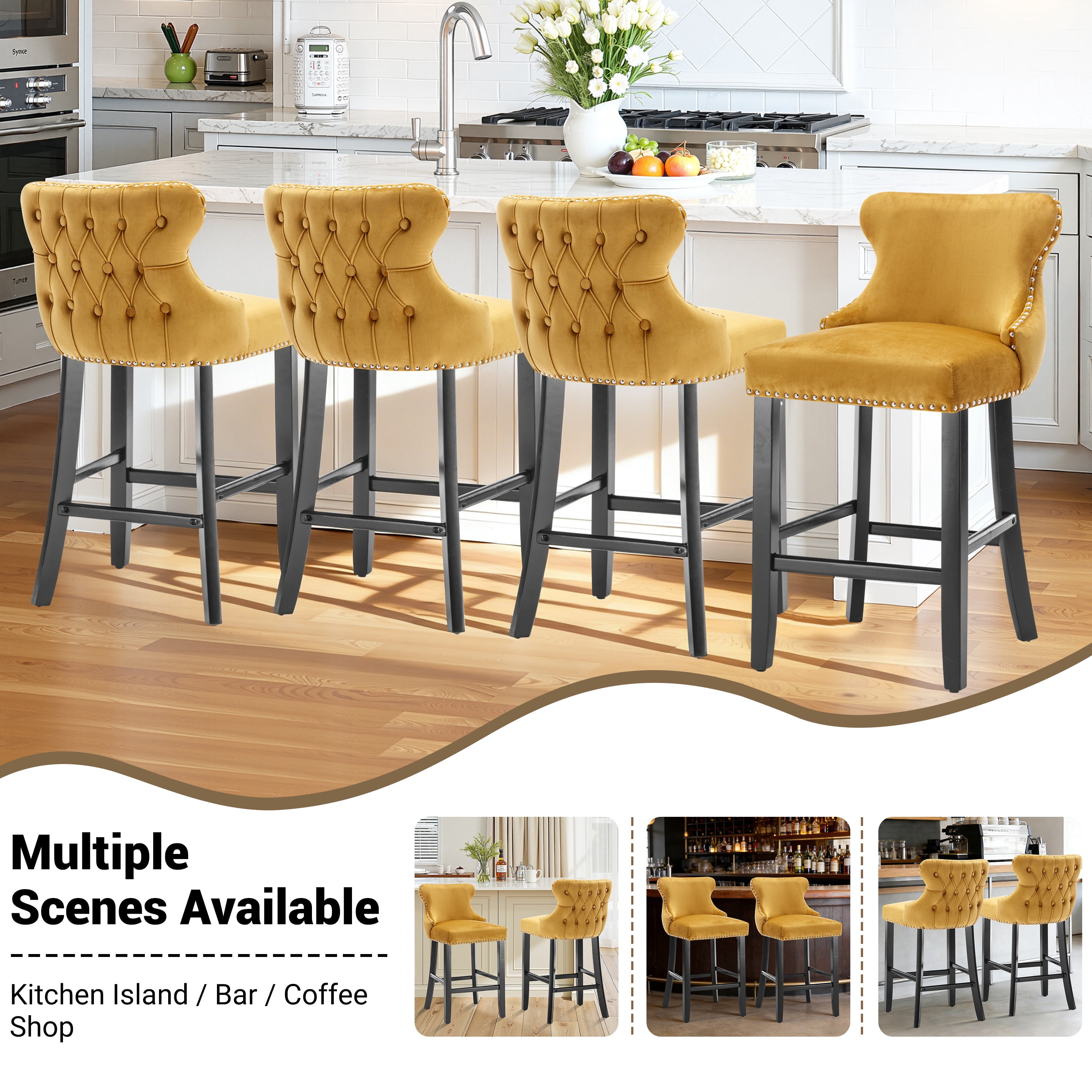 Bar Stools Set of 2, LegaHome 26" Counter Height Bar Stools with Back Sets of 2, Velvet Upholstered Bar Stool with Button Tufted & Nailhead Trim, Counter Stool for 35-39" Kitchen Island, Yellow