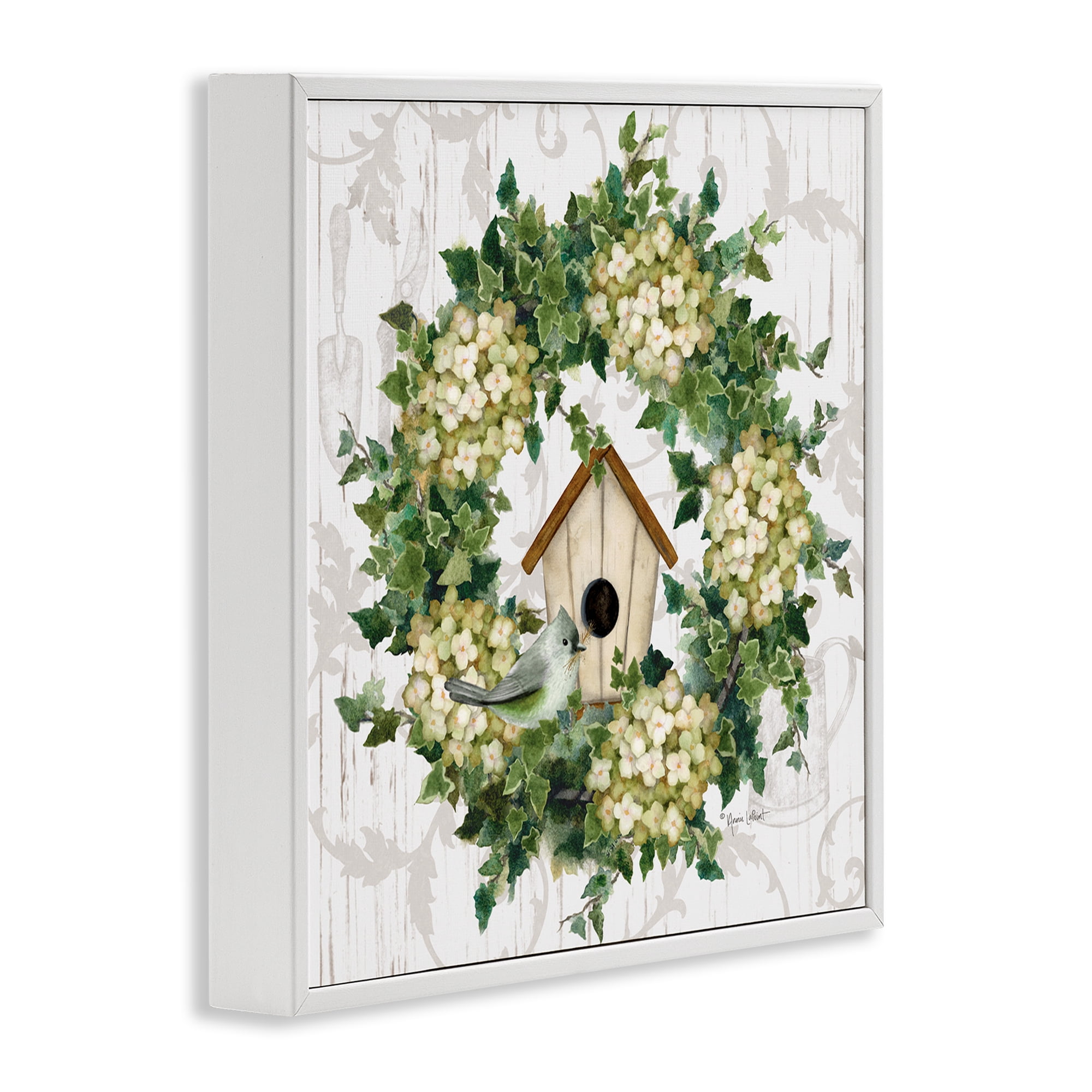 Stupell Industries Spring Birdhouse Wreath Botanical & Floral Painting White Framed Art Print Wall Art, 24 x 24
