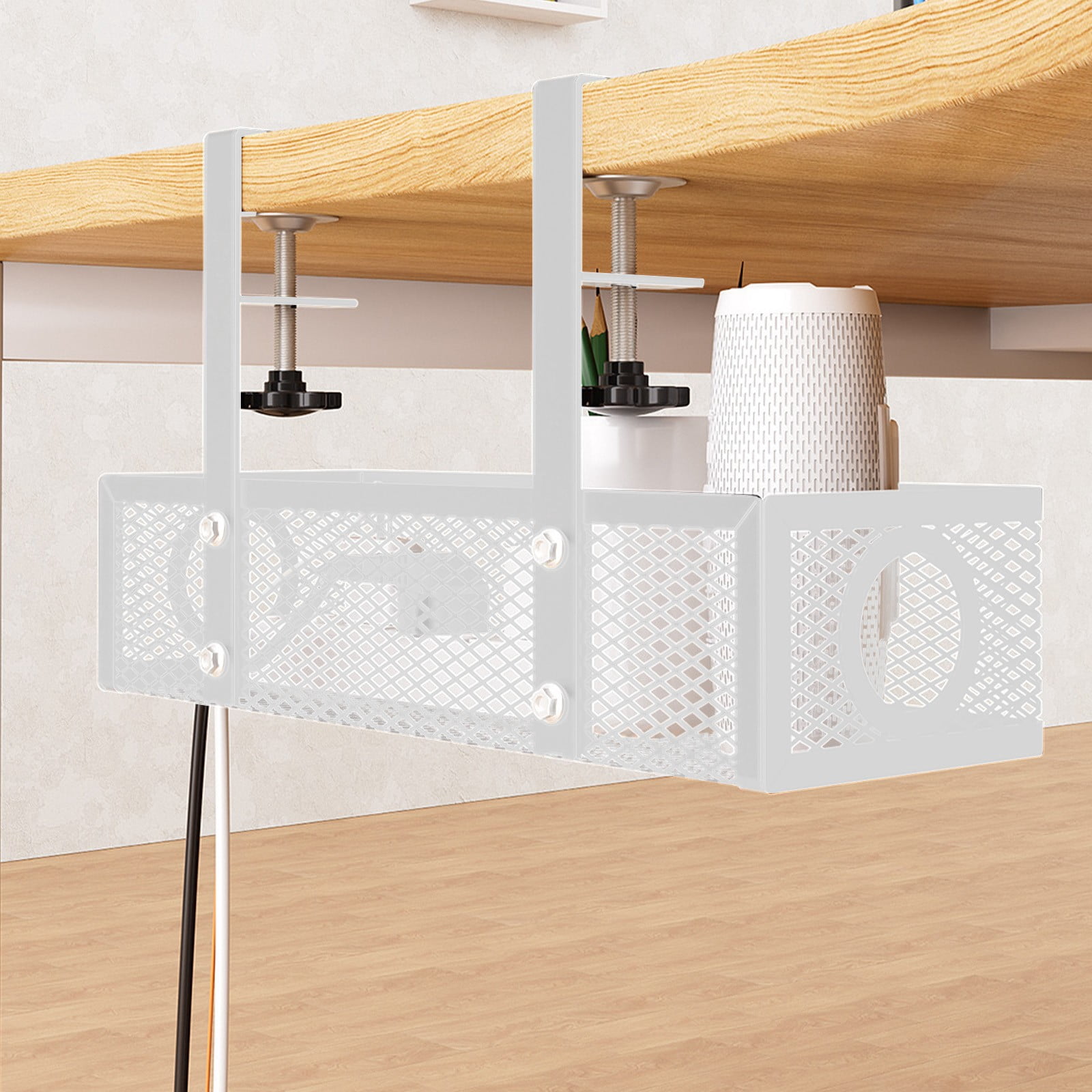 Under Desk Hanging Storage Basket Metal, No Hole Desk Organizer Basket for Cable Management and Office Supplies, Adjustable Desk Side Shelf for Office Classroom Home