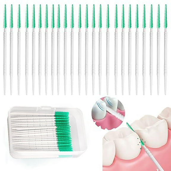 200 PCS Interdental Brushes and Dental Floss Picks 2-in-1,Double Head Brush Picks for Teeth,Soft Interdental Toothpicks for Adults,Disposable Floss Picks, Green Color