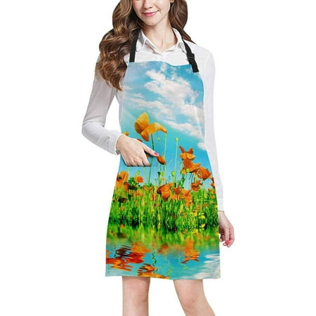 

ASHLEIGH Red Flowers and Sun Sky Reflected in Water Chef Kitchen Apron Adjustable Strap Waist Ties Front Pockets Perfect for Cooking Baking Barbequing
