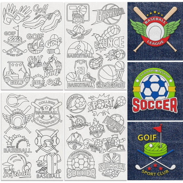 37Pcs Ball Sports Embroidery Pattern Stabilizer 8.3"x11.7" Soccer Basketball Soluble Stick and Stitch Embroidery Sticker 4 Sheets Golf Baseball Water Hand Sewing DIY Embroidery Paper