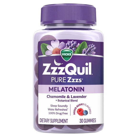 ZzzQuil PURE Zzzs Melatonin Gummies, Sleep Aid, Melatonin 2mg, Wildberry Vanilla Flavored 30 Sleep Gummies