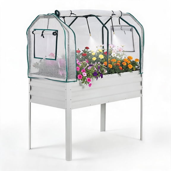 Garvee Galvanized Raised Garden Bed with Legs 48x24x55 in Metal Planter Box with Greenhouse Cover & Irrigation for Vegetables Flowers Herbs – Silver