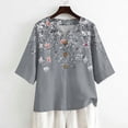 thumbnail image 5 of Boho Floral V Neck T Shirts for Women Cotton Linen 3/4 Sleeve Summer Beach Casual Tops #03Gray L, 5 of 6