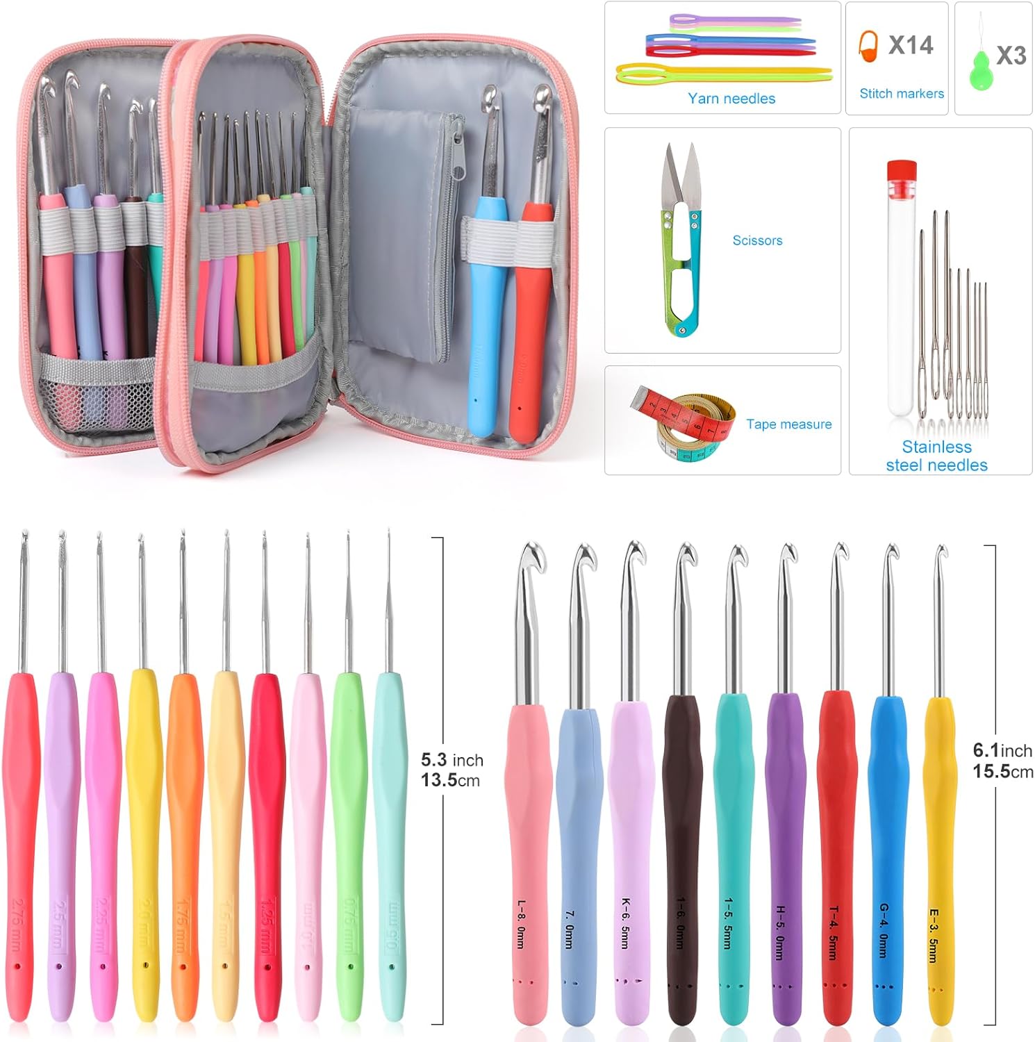 Vodiye No. 14 crochet hook set, sizes 2.0–10.0 mm, colorful metal crochet hooks, ergonomic design, comfortable to use