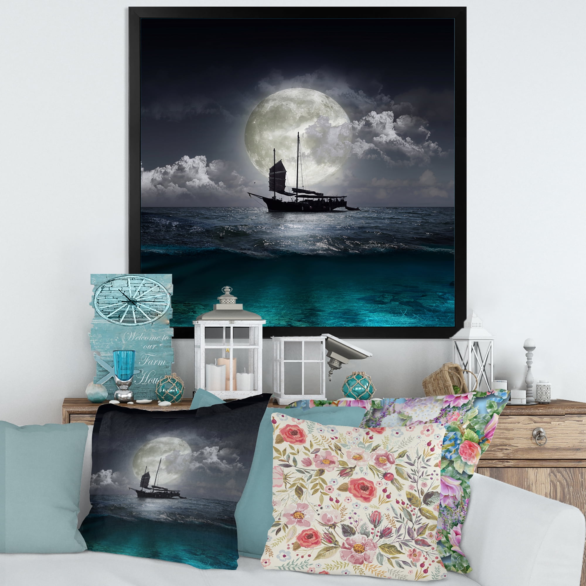 The Lake During Full Moon With Fisher Boat 30 in x 30 in Framed Photography Canvas Art Print, by Designart