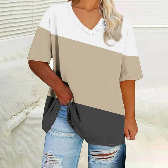QUNYINEY Casual Women Shirts Short Sleeve Colorblock V Neck Tops Summer Loose Plus Size Pullover Womens Tops