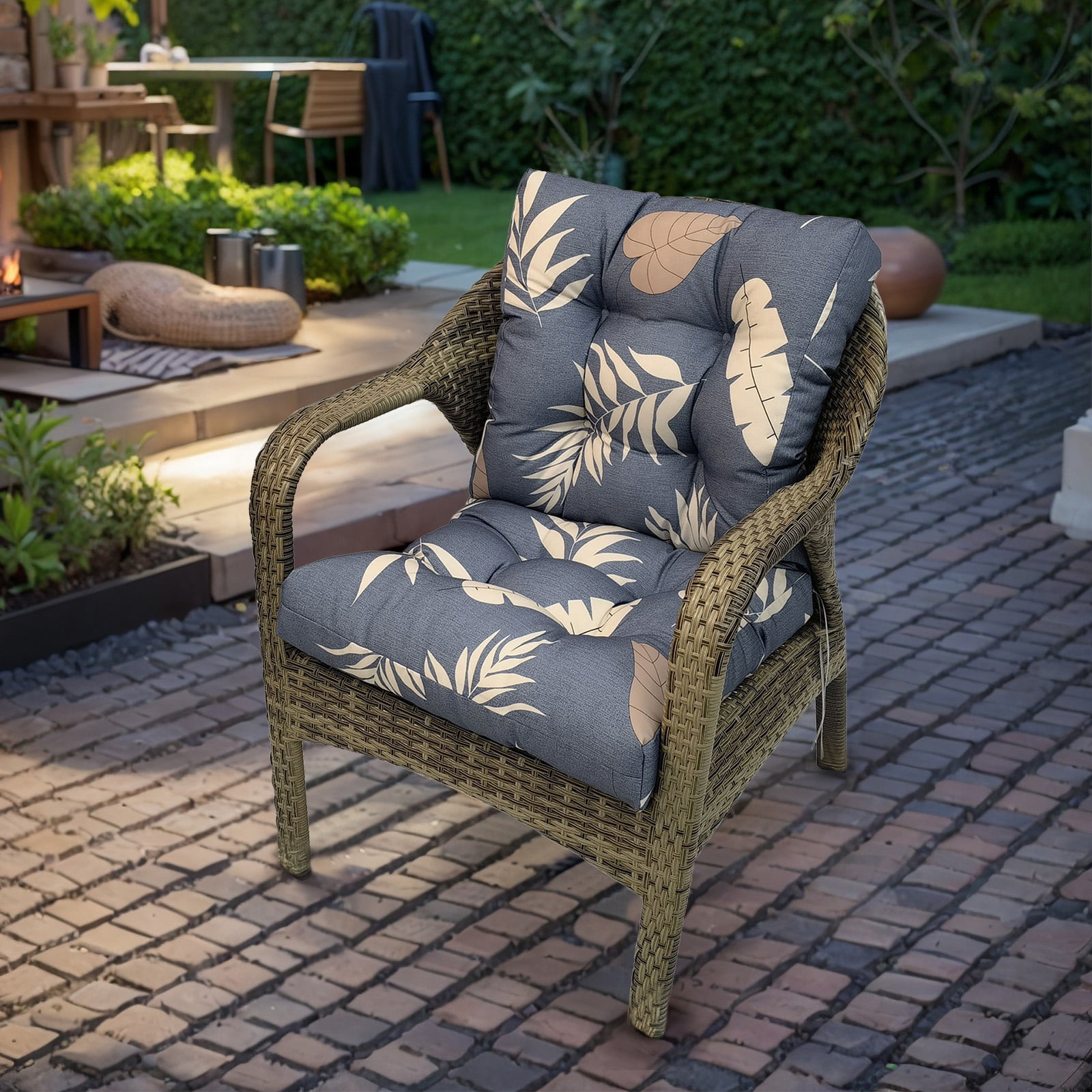 SHANNA Outdoor Chair Cushions, 2 Pack Tufted Thicken Waterproof Patio Chair Pad Wicker Chair Seat Cushion with Non-Slip Ties for Outdoor Furniture, Gray Leaves