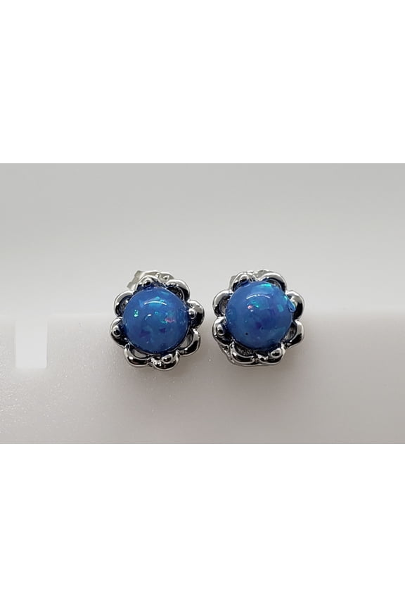 Round Blue Opal Silver Earrings